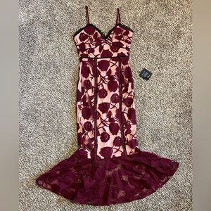 Lulu’s Alluring Dream Burgundy Floral Mesh Lace Trumpet Midi Dress